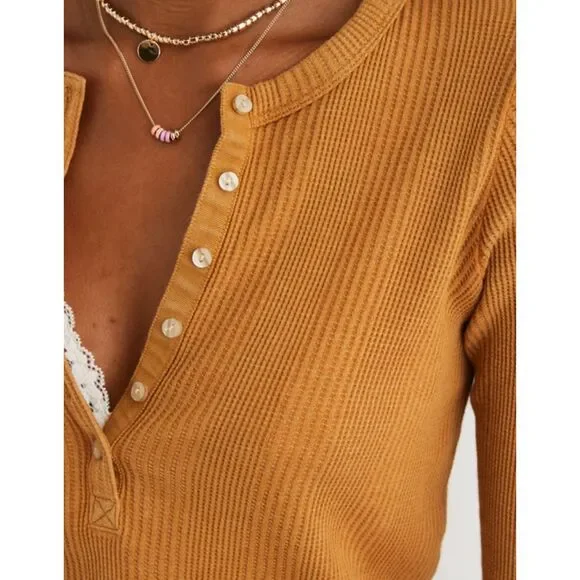 Aerie Wow! Waffle Long Sleeve Henley T-Shirt, Honey, Size S - Picture 2 of 11